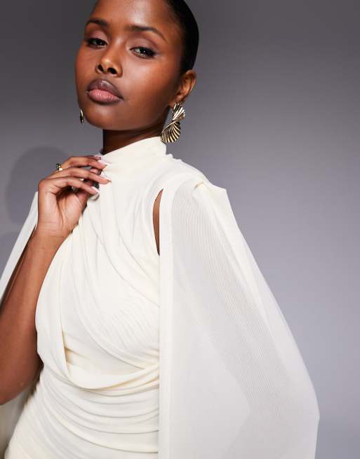 Ruched & Ready sculpting mock neck mesh cape and twisted skirt detailing mini dress in lemon, 3 of 4