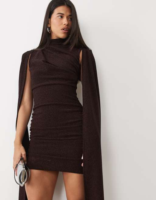 Ruched & Ready sculpting off shoulder cape detail metallic mini dress in burgundy, 3 of 4