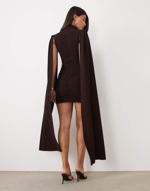 Ruched & Ready sculpting off shoulder cape detail metallic mini dress in burgundy, 4 of 4