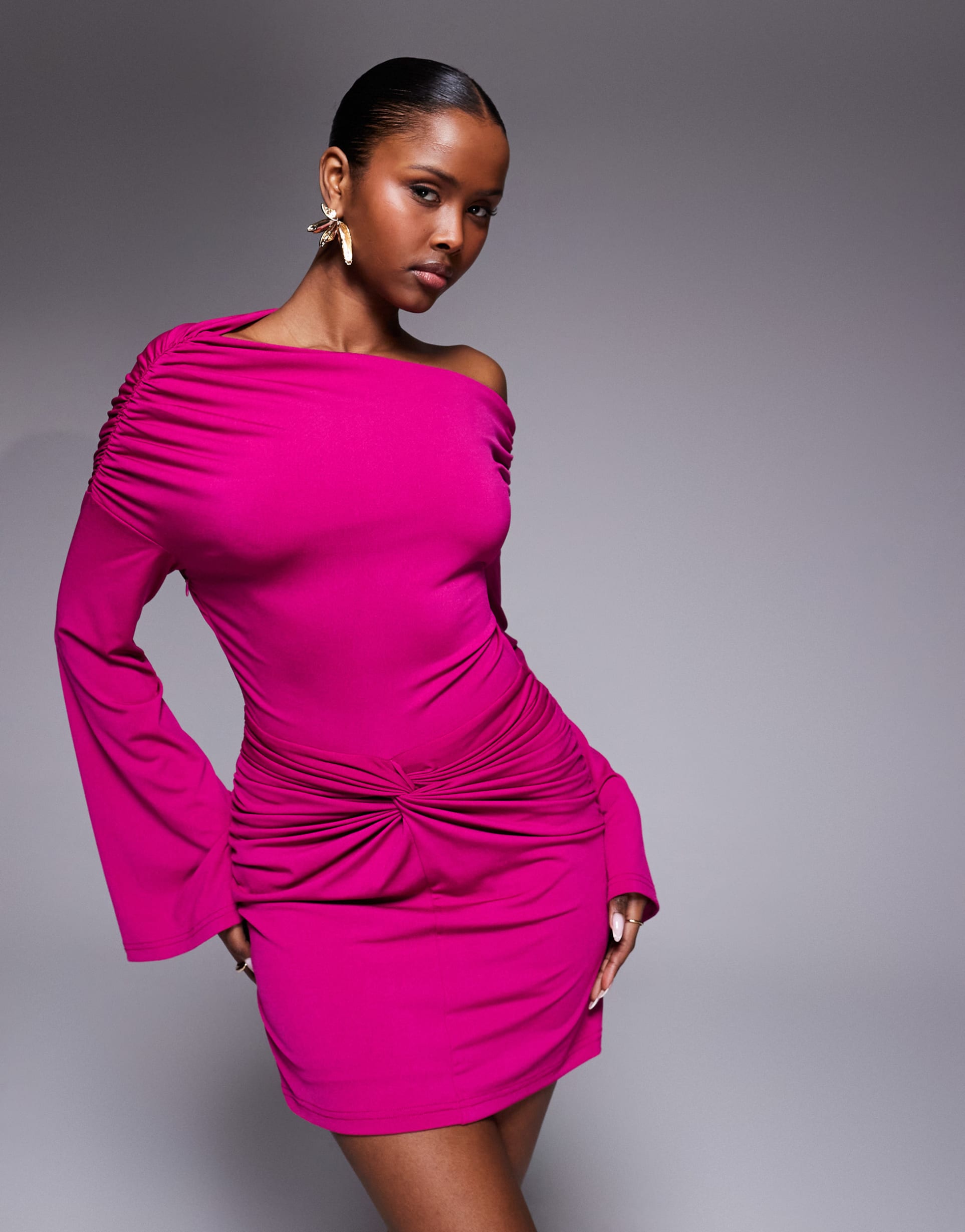 ruched & ready sculpting off the shoulder wide sleeves twisted skirt detail mini dress in cerise