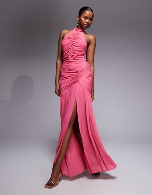 Ruched & Ready Sculpting Ruched Body Draped Hem Open Slit Maxi Dress In Pink