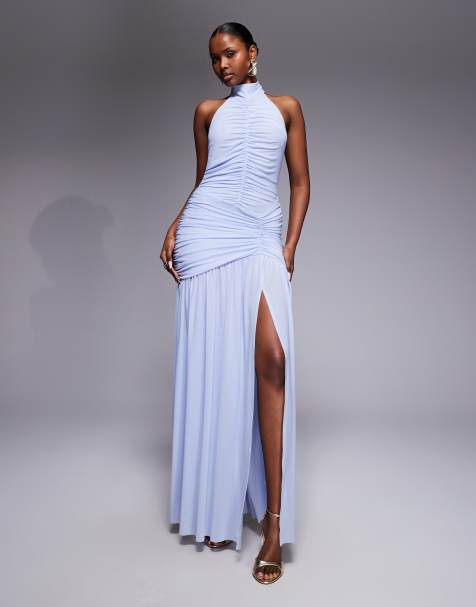 Ruched & Ready sculpting ruched body draped hem open slit maxi dress in soft blue - view 1