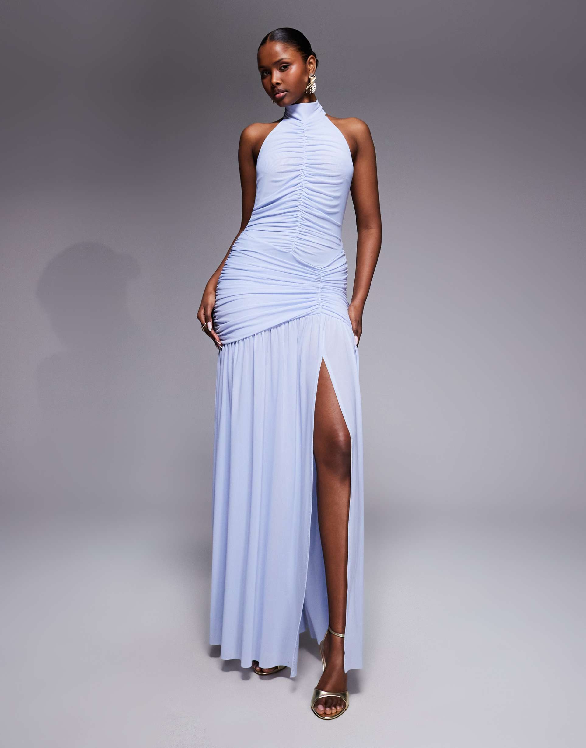 ruched & ready sculpting ruched body draped hem open slit maxi dress in soft blue