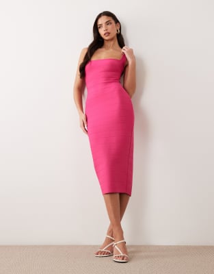 Ruched & Ready Sculpting Square Neck Bandage Maxi Dress In Pink