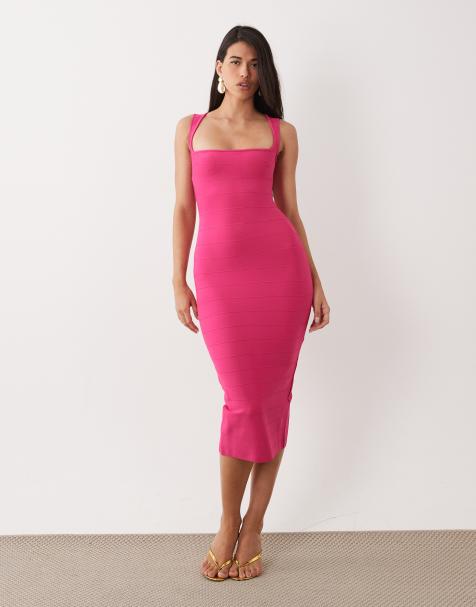 Ruched & Ready sculpting square neck bandage maxi dress in bright pink