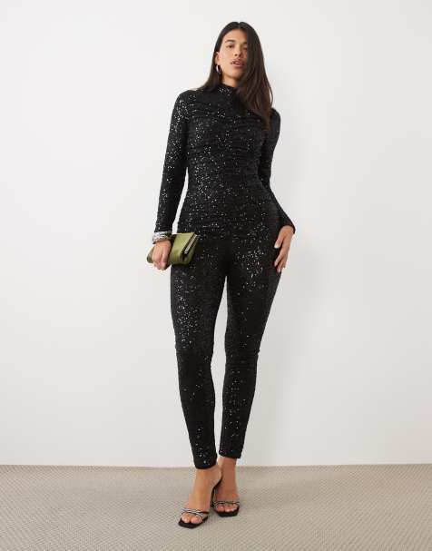 Ruched & Ready sequin high neck ruched detail jumpsuit in black - view 1