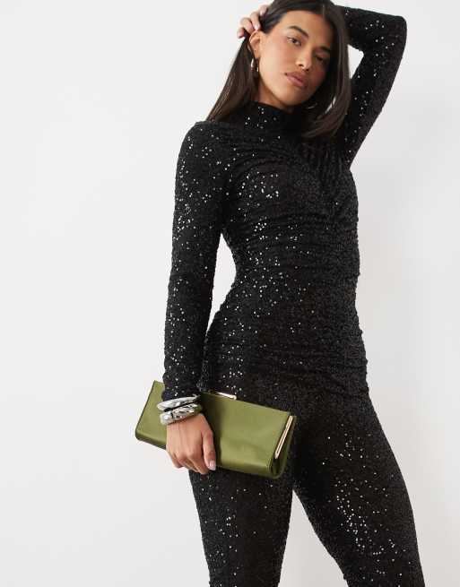 Ruched & Ready sequin high neck ruched detail jumpsuit in black, 2 of 4