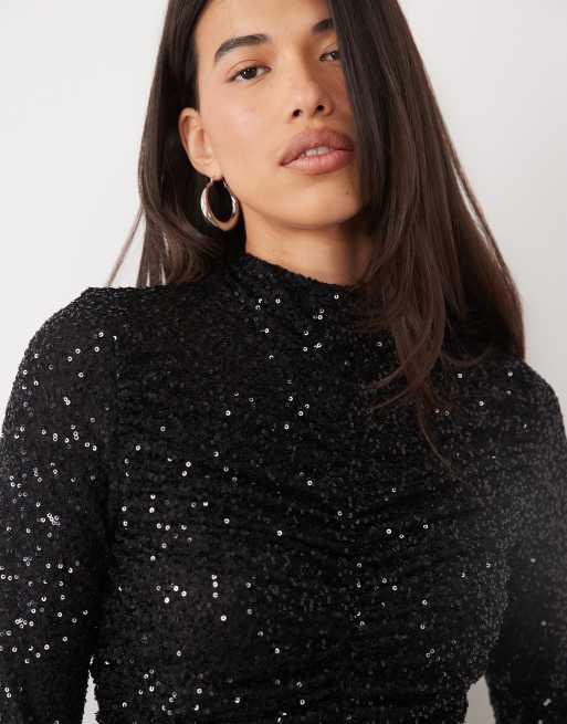 Ruched & Ready sequin high neck ruched detail jumpsuit in black, 3 of 4