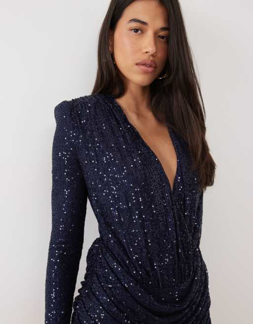 Ruched & Ready sequin shoulder pad detail plunge drape waist detail mini dress in navy, 2 of 4