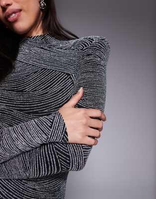 Ruched & Ready Shine Removable Shoulder Pad Detail High Neck Long Sleeve Textured Metallic Mini Dress In Gray