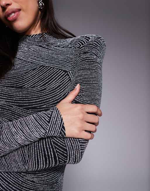 Ruched & Ready Shine removable shoulder pad detail high neck long sleeve textured metallic mini dress in silver