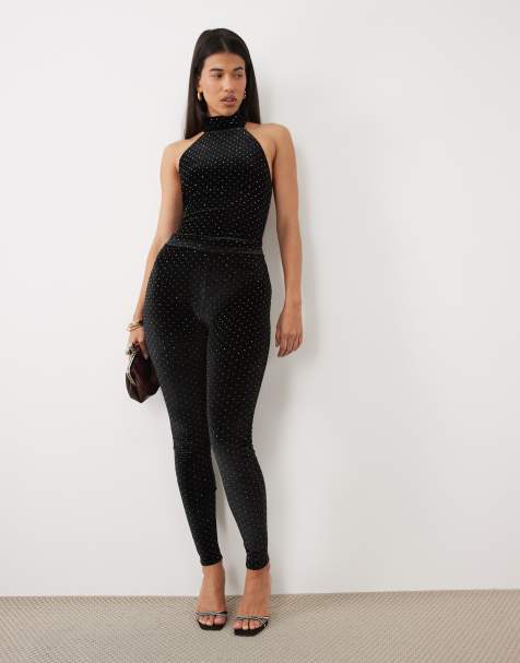 Ruched & Ready - Sort sæt med bodystocking i velour med racer-halterneck og hotfix-udsmykninger samt bukser - view 1