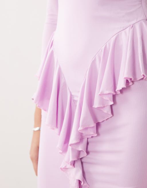 Ruched & Ready – Syrénlila, skulpterande maxiklänning med långa ärmar, volang och draperad detalj, 4 av 4