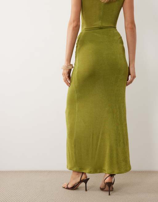 Ruched & Ready textured slinky drape waist gold hardware split front maxi skirt co-ord in green, 5 of 5
