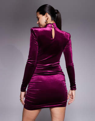 Ruched & Ready Upgraded You Removable Shoulder Pad Detail High Neck Long Sleeve Velvet Mini Dress In Purple