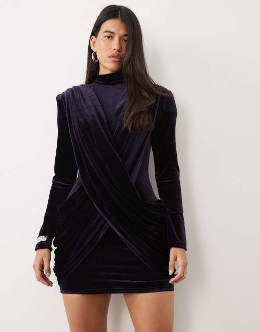 Ruched & Ready velvet high neck padded shoulder detail extreme drape front mini dress in navy, 2 of 4