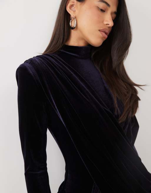 Ruched & Ready velvet high neck padded shoulder detail extreme drape front mini dress in navy, 3 of 4