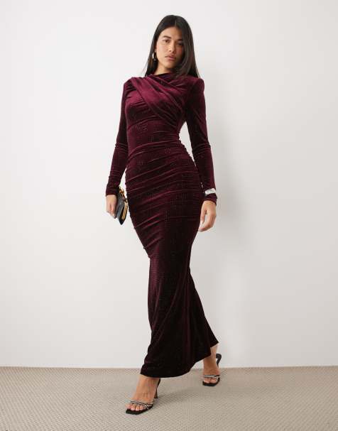 Ruched & Ready velvet hotfix high neck cross front shoulder pad maxi dress in burgundy