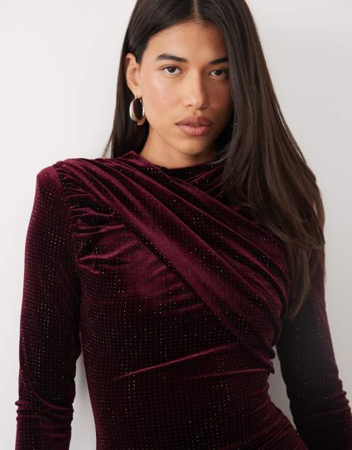 Ruched & Ready velvet hotfix high neck cross front shoulder pad maxi dress in burgundy, 2 of 4