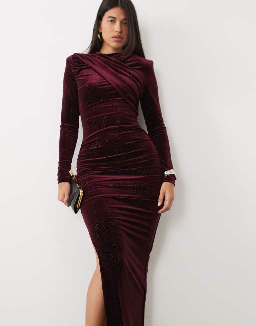 Ruched & Ready velvet hotfix high neck cross front shoulder pad maxi dress in burgundy, 3 of 4