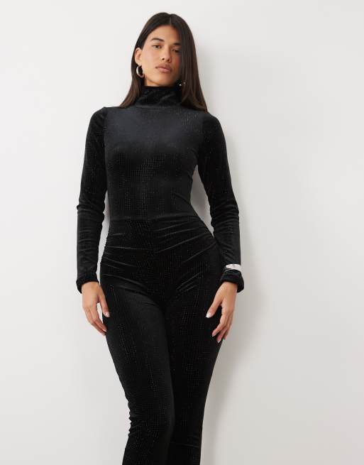Ruched & Ready velvet hotfix high neck ruched waist detail jumpsuit in black, 2 of 4