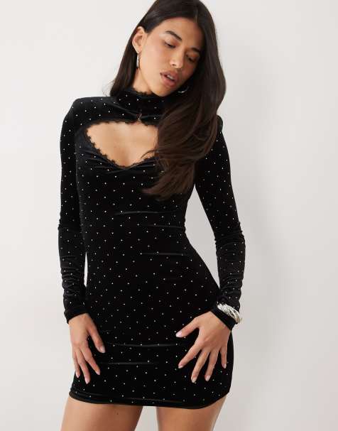 Ruched & Ready vestito corto nero in velluto con strass, collo alto con colletto alla coreana, finiture in pizzo e spalline - view 1