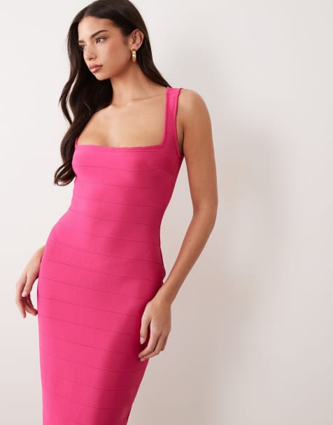 Ruched & Ready - Vestito lungo modellante fasciante con scollo squadrato rosa acceso - view 1