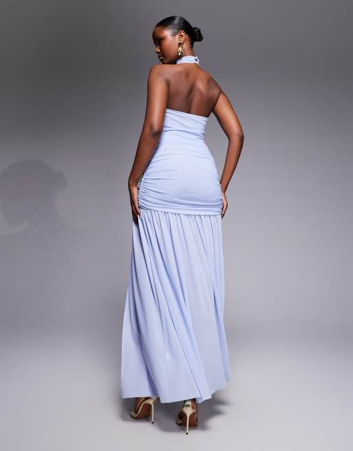 Ruched & Ready - Vormgevende maxi jurk met gedrapeerde zoom en open split in zachtblauw, 4 van 4