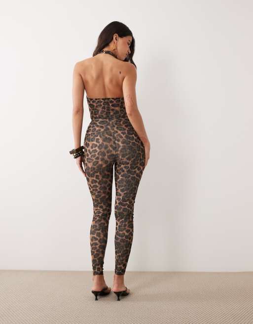 Ruched & Ready - Vormgevende mouwloze catsuit van mesh met racerhals en luipaardprint, 4 van 4