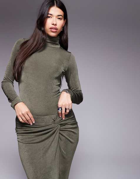 Ruched & Ready You Could Never sculpted textured slinky high neck bodysuit in olive green (part of a set) - view 1