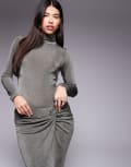 [Ruched & Ready] Ruched & Ready You Could Never sculpted textured slinky high neck bodysuit in olive (Part of a set)-Green S Olive