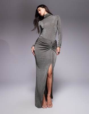 Ruched & Ready Ruched & Ready You Could Never sculpted textured slinky side twist thigh split maxi skirt co-ord in olive-Green