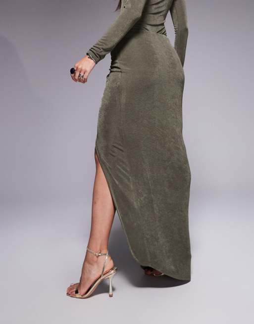 Ruched & Ready You Could Never sculpted textured slinky side twist thigh split maxi skirt in olive green - part of a set, 3 of 5