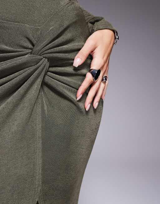Ruched & Ready You Could Never sculpted textured slinky side twist thigh split maxi skirt in olive green - part of a set, 4 of 5
