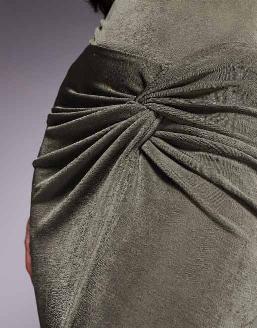 Ruched & Ready You Could Never sculpted textured slinky side twist thigh split maxi skirt in olive green - part of a set, 5 of 5