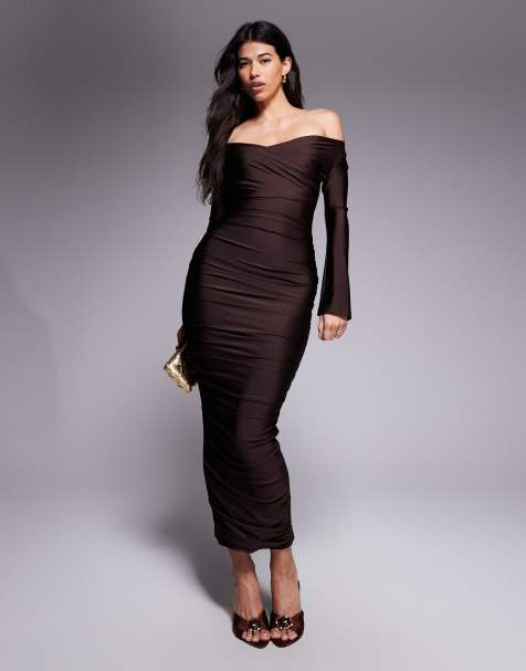 Ruched & Ready You Wish sculpted high shine off shoulder sweetheart neck maxi dress in chocolate - view 1