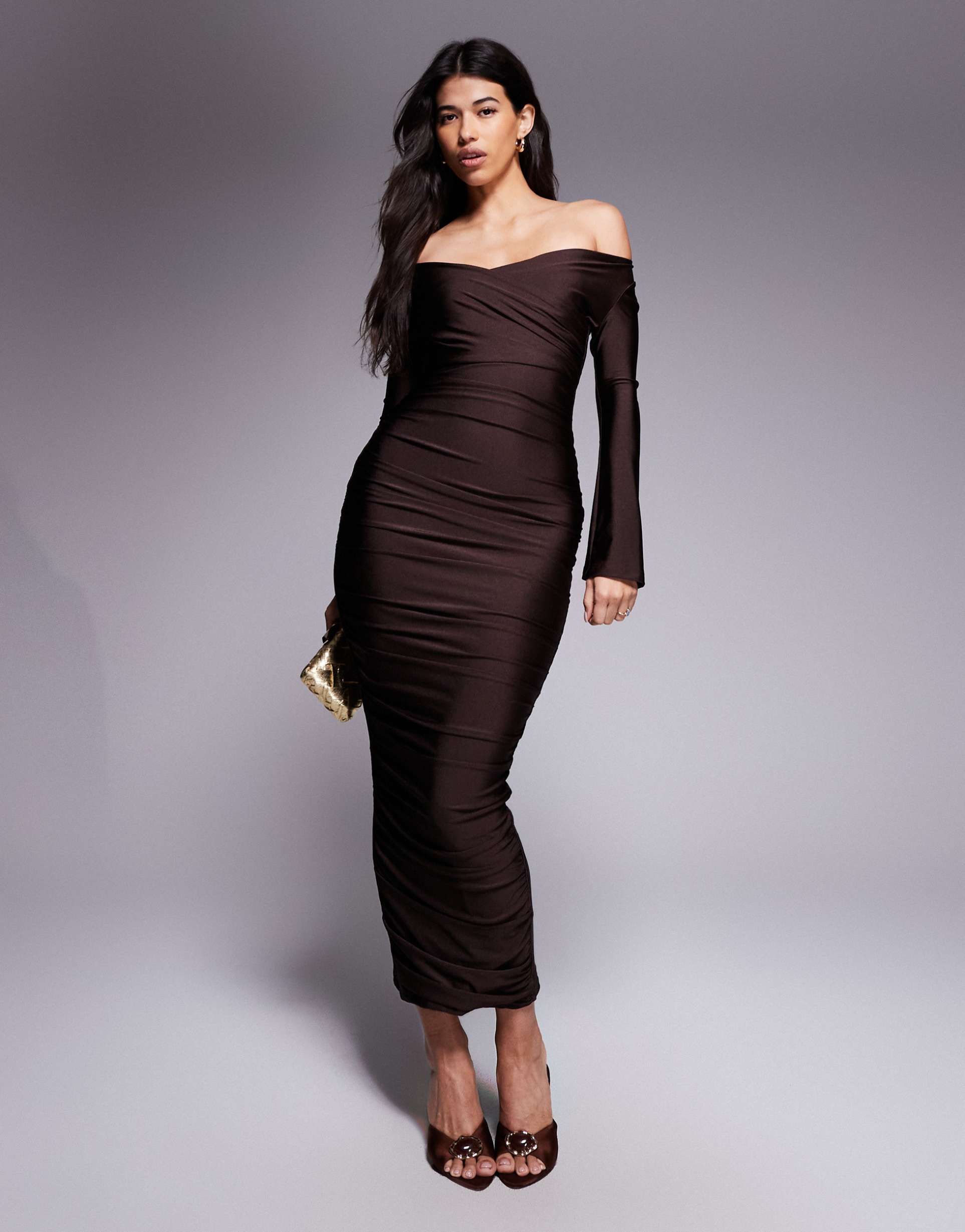 ruched & ready you wish sculpted high shine off-shoulder sweetheart neck maxi dress in chocolate