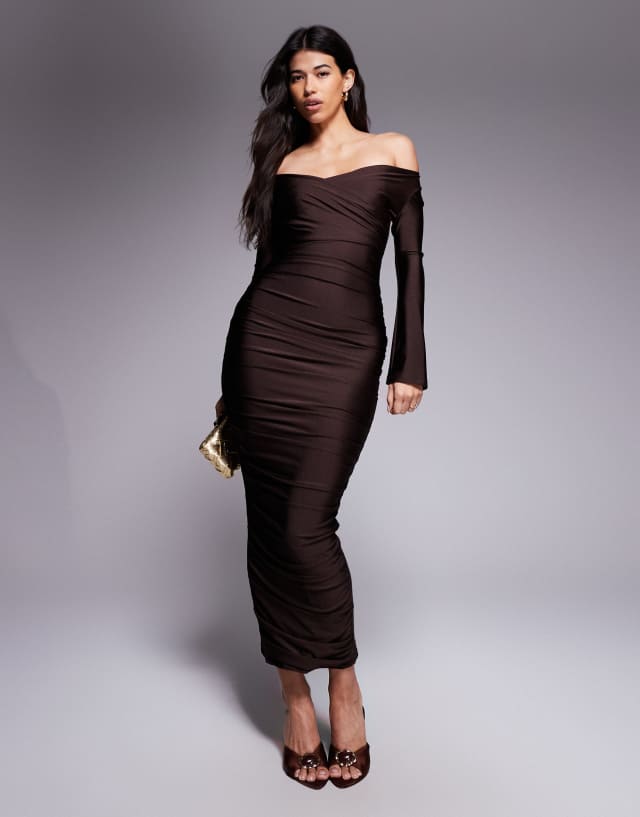 as u wish homecoming dresses Ruched & Ready You sculpted high shine off-shoulder sweetheart neck maxi dress in chocolate BDROC