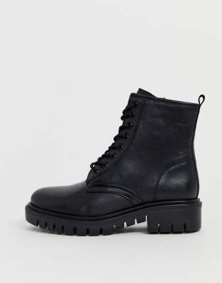 black leather chunky lace up boots