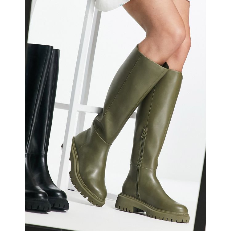 Rule London Exclusive Robin flat knee boots in olive PU