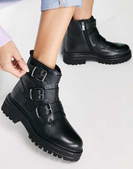 Rule London leather buckle ankle boots in black