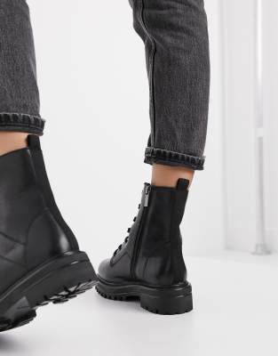 black leather chunky lace up boots