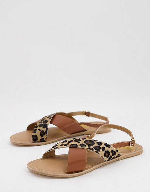 Rule London leather cross strap flat sandals in tan with leopard