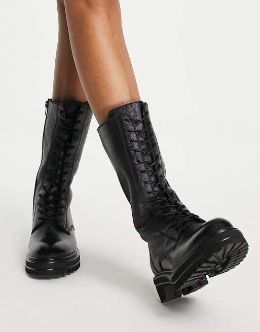 Rule London leather lace up calf boots in black