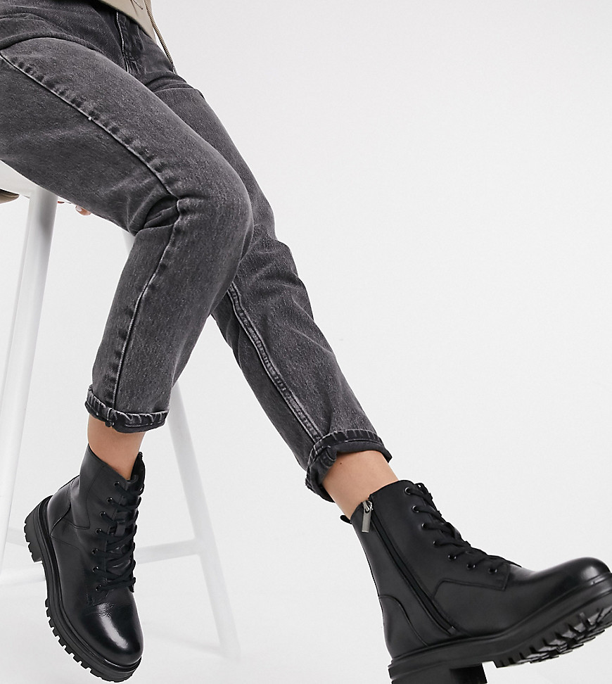 Rule London wide fit leather chunky lace up boots in black