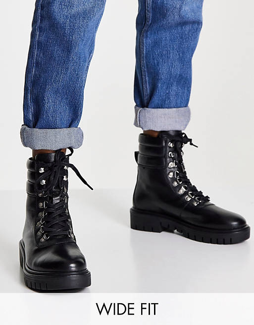 Rule London wide fit leather hiker boots in black | ASOS