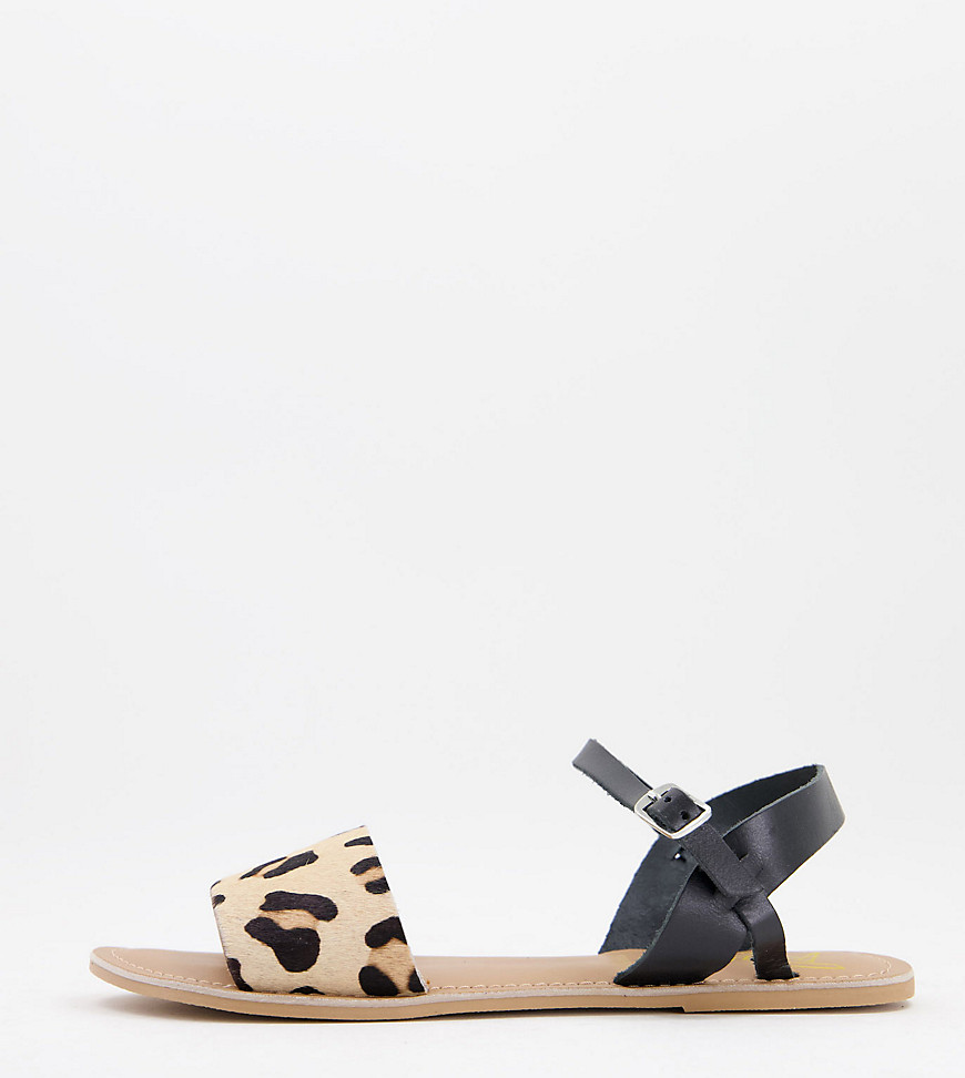 Rule London wide fit leather two part flat sandals in black and leopard-Multi