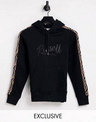Russell Athletic animal print pull over hoodie in black