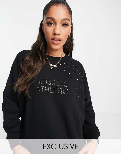 Russell Athletic crew neck stud sweatshirt in black ASOS