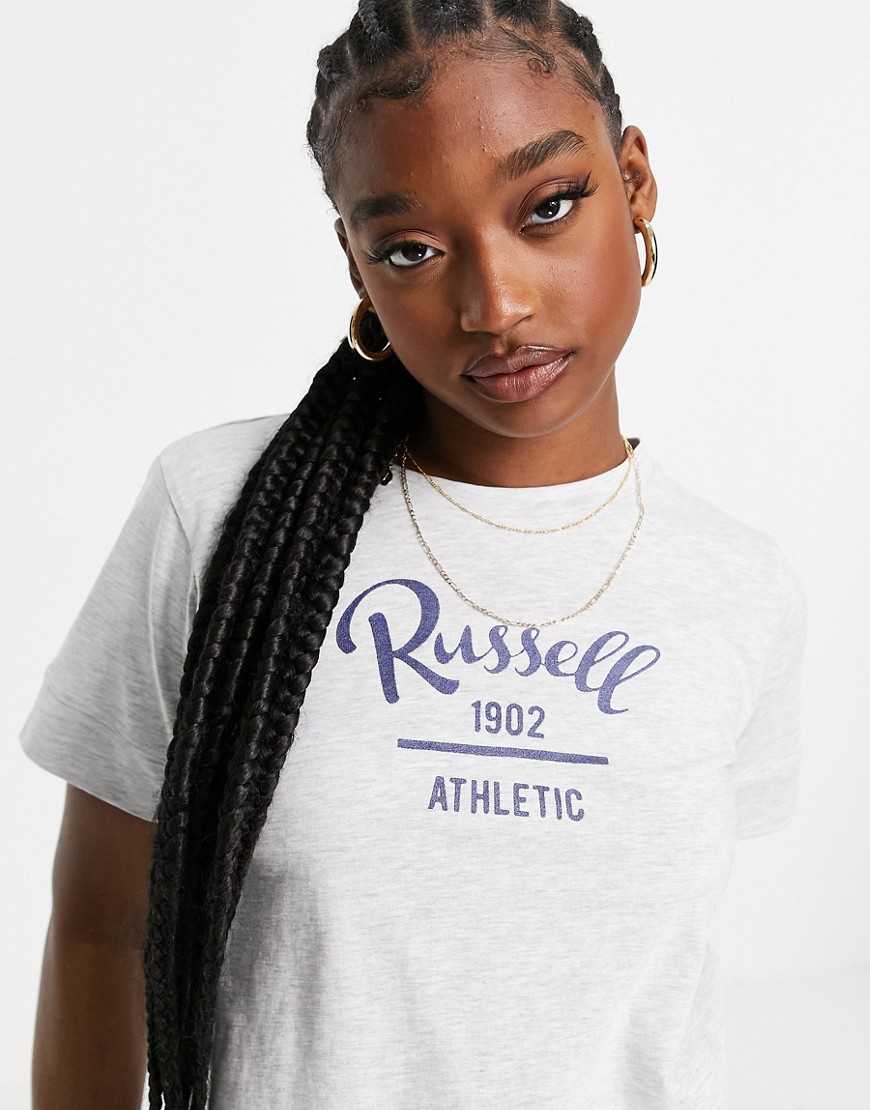 Russell Athletic cropped logo t-shirt in gray-White